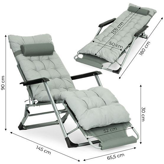 Chaise longue de jardin 2 en 1 avec coussin et repose-pieds réglable gris MultiGarden