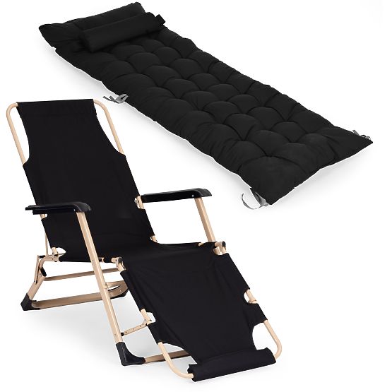 Chaise longue de jardin 2 en 1 avec coussin, repose-pieds réglable, noir, cadre doré MultiGarden