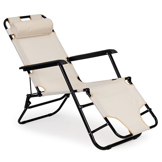 Chaise longue de jardin avec appui-tête, structure pliable, beige