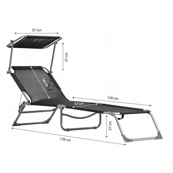 Chaise longue de jardin avec auvent réglable noir