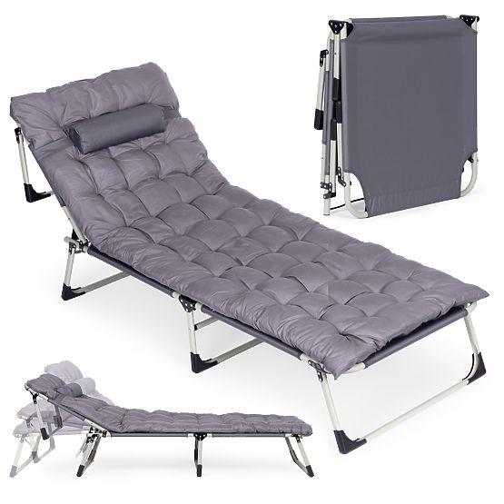 Chaise longue de jardin pliante de pêche avec matelas et oreiller gris MultiGarden