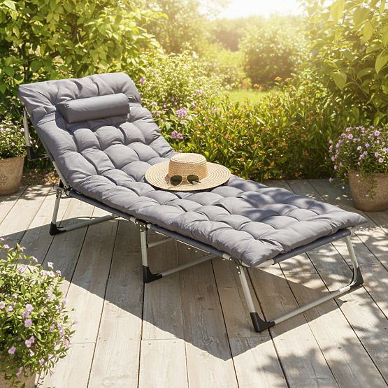 Chaise longue de jardin pliante de pêche avec matelas et oreiller gris MultiGarden