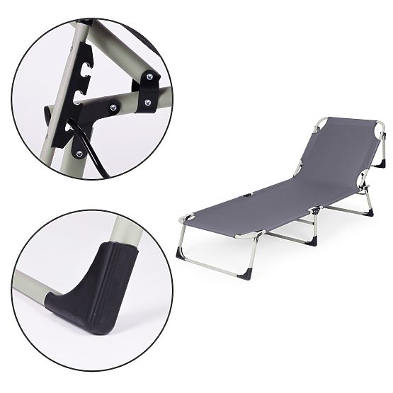 Chaise longue de jardin pliante de pêche avec matelas et oreiller gris MultiGarden