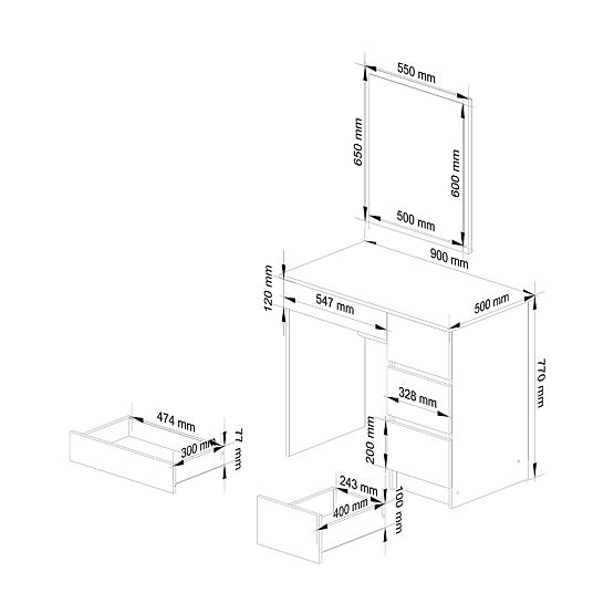 COIFFEUSE AVEC MIROIR T-6/SL 500x600 DROITE BLANCHE