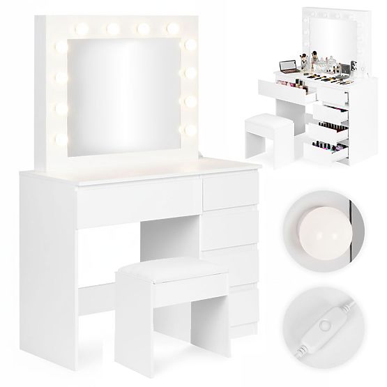 Coiffeuse cosmétique avec miroir et éclairage 5 tiroirs tabouret ModernHome