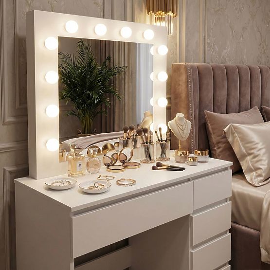 Coiffeuse cosmétique avec miroir et éclairage 5 tiroirs tabouret ModernHome