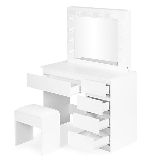 Coiffeuse cosmétique avec miroir et éclairage 5 tiroirs tabouret ModernHome