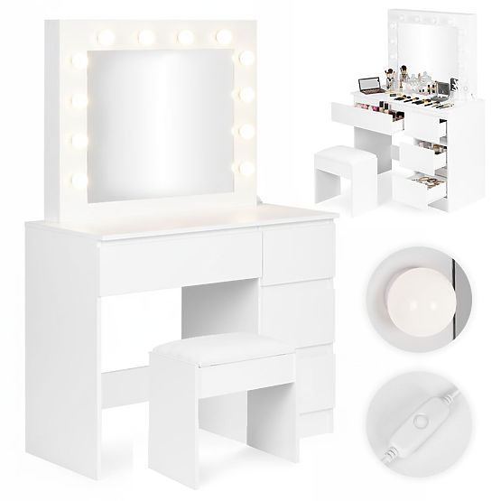 Coiffeuse cosmétique avec miroir et éclairage LED 4 tiroirs tabouret ModernHome