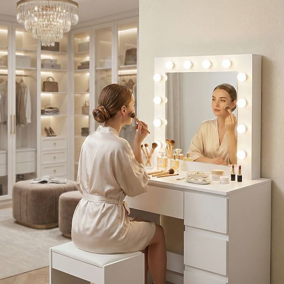 Coiffeuse cosmétique avec miroir et éclairage LED 4 tiroirs tabouret ModernHome