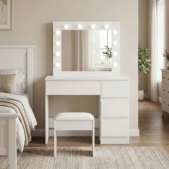 Coiffeuse cosmétique avec miroir et éclairage LED 4 tiroirs tabouret ModernHome