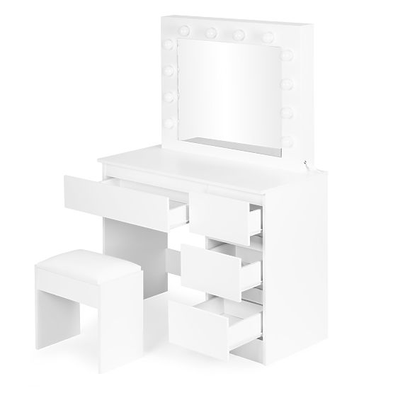 Coiffeuse cosmétique avec miroir et éclairage LED 4 tiroirs tabouret ModernHome