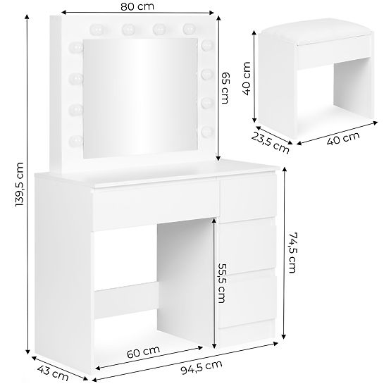 Coiffeuse cosmétique avec miroir et éclairage LED 4 tiroirs tabouret ModernHome