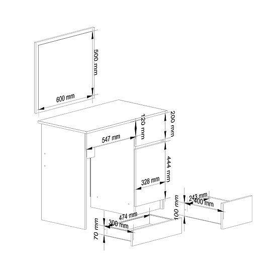 COIFFEUSE COSMÉTIQUE AVEC MIROIR P-2/SL 500x600 DROITE PK CHÊNE CRAFT