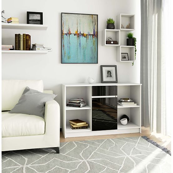 COMMODE B-17 120 cm 1 TIROIR 1 PORTE PK BLANC / NOIR BRILLANT