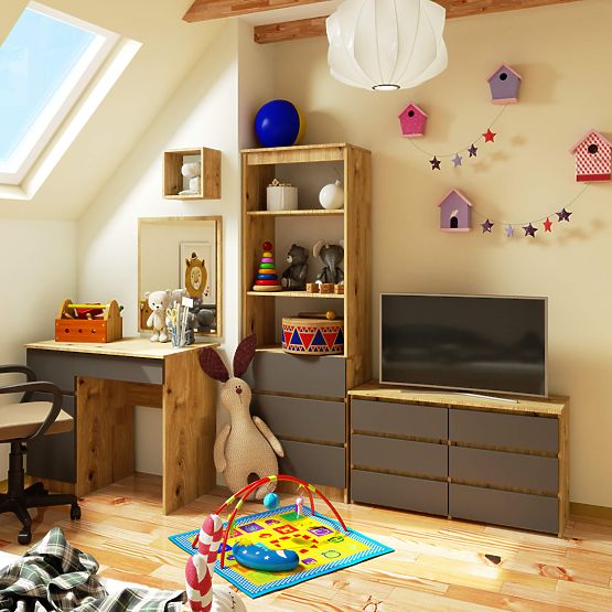 COMMODE CL100 6TIROIRS PK CHÊNE ARTISAN / GRIS