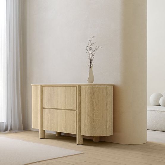 Commode à deux portes avec tiroirs Segretto, arrondie, chêne naturel, travertin