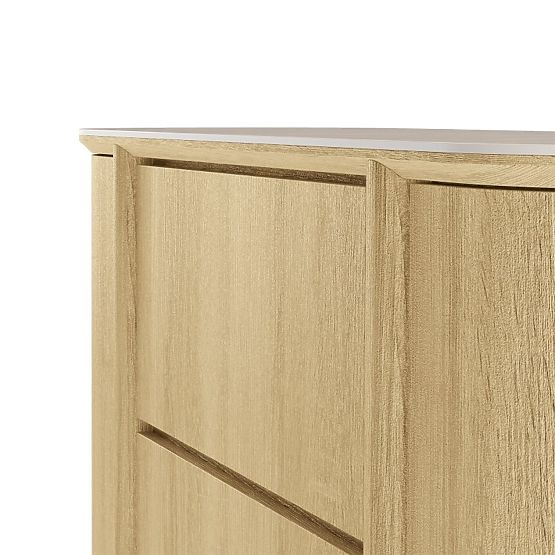 Commode à deux portes avec tiroirs Segretto, arrondie, chêne naturel, travertin