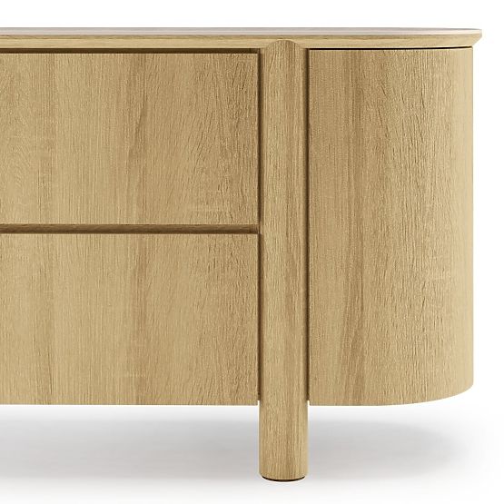 Commode à deux portes avec tiroirs Segretto, arrondie, chêne naturel, travertin