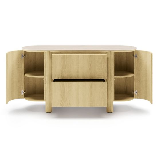 Commode à deux portes avec tiroirs Segretto, arrondie, chêne naturel, travertin
