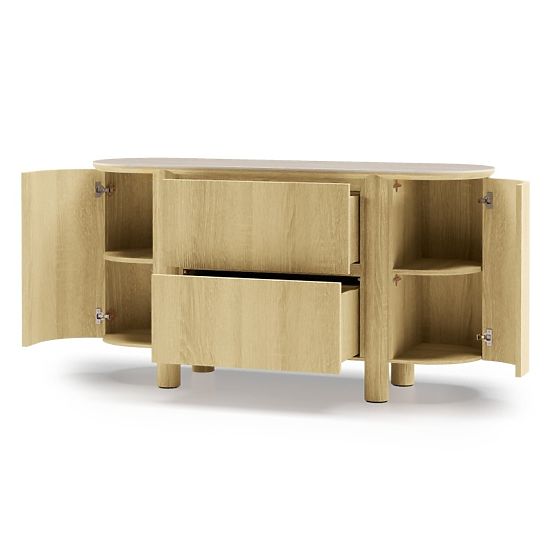 Commode à deux portes avec tiroirs Segretto, arrondie, chêne naturel, travertin