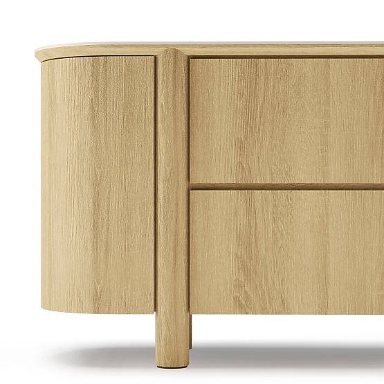 Commode à deux portes avec tiroirs Segretto, arrondie, chêne naturel, travertin