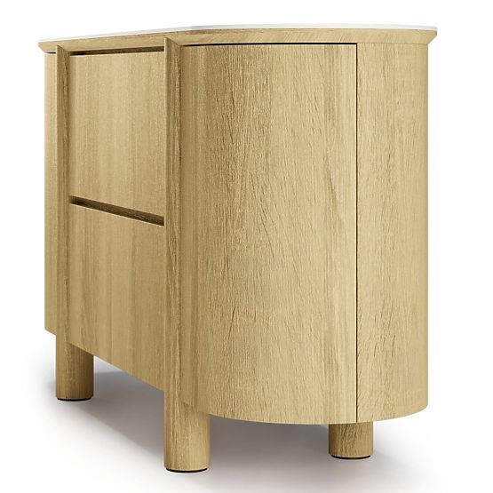 Commode à deux portes avec tiroirs Segretto, arrondie, chêne naturel, travertin