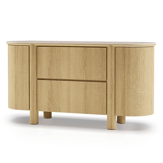 Commode à deux portes avec tiroirs Segretto, arrondie, chêne naturel, travertin