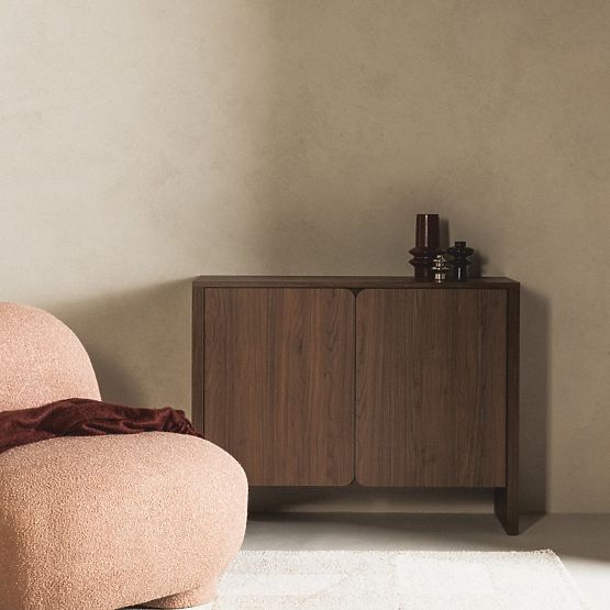 Commode deux portes Moku noyer villa, surfaces avant arrondies