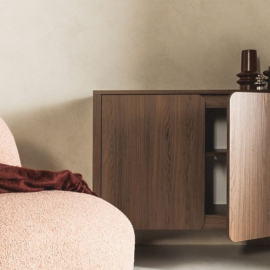 Commode deux portes Moku noyer villa, surfaces avant arrondies