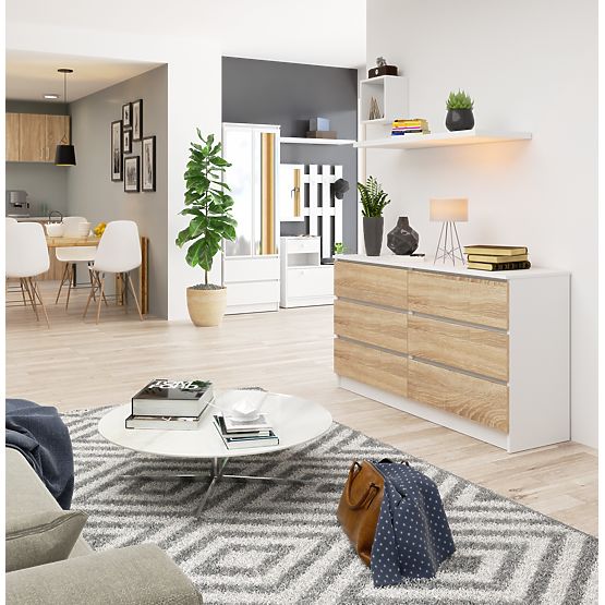 COMMODE K 140 cm 6 TIROIRS PK BLANC / SONOMA