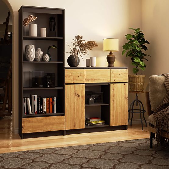 COMMODE K100 2D 3T 1P PK GRIS GRAPHITE / CHÊNE ARTISAN