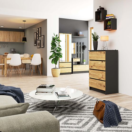 COMMODE K60 4TIROIRS CLP PK GRIS GRAPHITE / CHÊNE ARTISAN