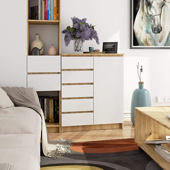 COMMODE K80 1D 5T PK CHÊNE ARTISAN / BLANC