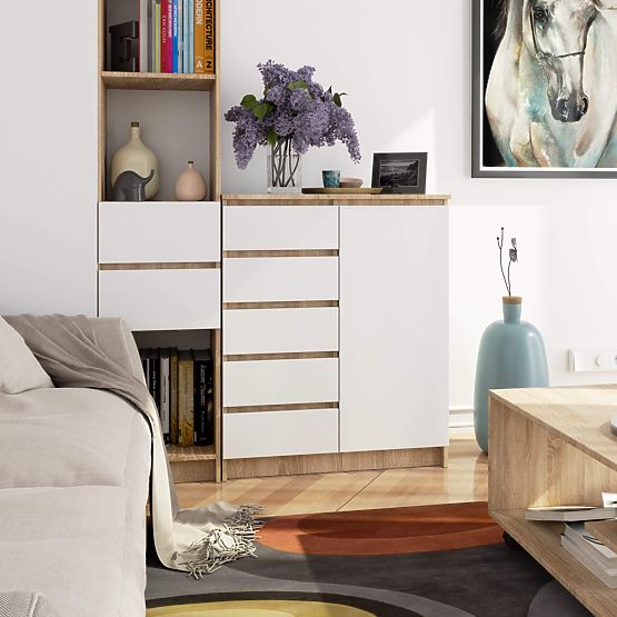 COMMODE K80 1D 5T PK CHÊNE SONOMA / BLANC