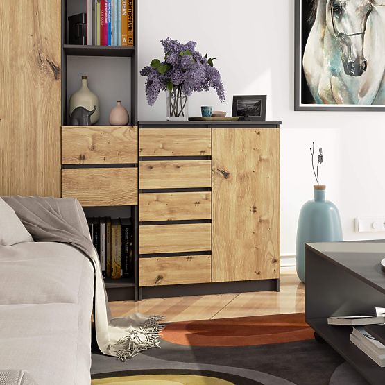 COMMODE K80 1D 5T PK GRIS GRAPHITE / CHÊNE ARTISAN