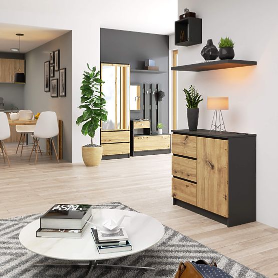 COMMODE K80 JERRY 1D 3T PK GRIS GRAPHITE / CHÊNE ARTISAN