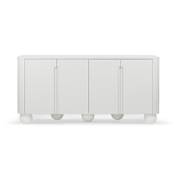 Commode à quatre portes Circula blanche, arrondie, pieds boules