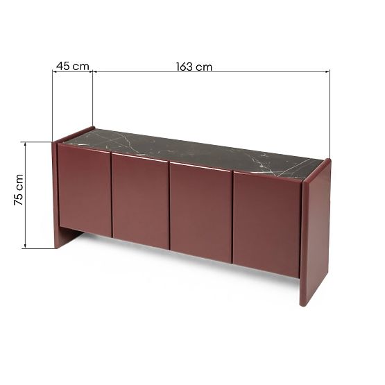 Commode à quatre portes Loren, bordeaux/marron, marbre, brillant
