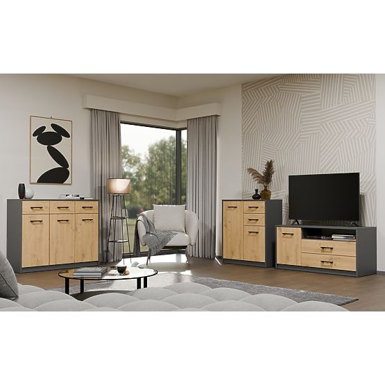 Commode SIMPLO 2D2S Armoire 2 Tiroirs 2 Portes pour Salon ANTHRACITE CHÊNE ARTISAN