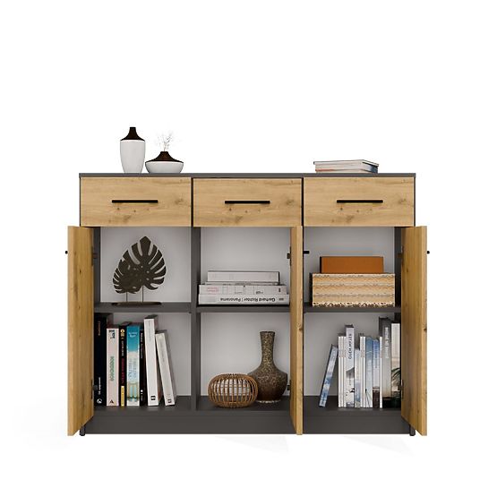 Commode SIMPLO 3D3S Armoire 3 Tiroirs 3 Portes ANTHRACITE CHÊNE ARTISAN