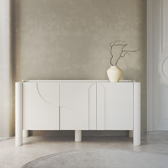 Commode trois portes Lunaria avec façade fraisée, blanche