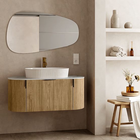 Ensemble armoire avec plateau et lavabo La simplicite 100 cm, rainuré, arrondi, Glit White/chêne