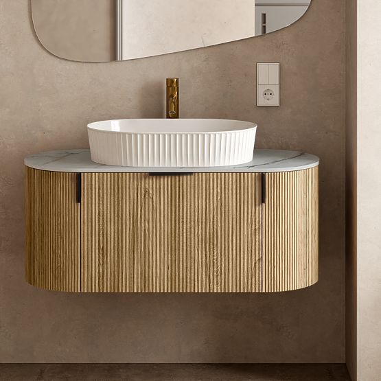 Ensemble armoire avec plateau et lavabo La simplicite 100 cm, rainuré, arrondi, Glit White/chêne