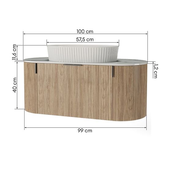 Ensemble armoire avec plateau et lavabo La simplicite 100 cm, rainuré, arrondi, Glit White/chêne
