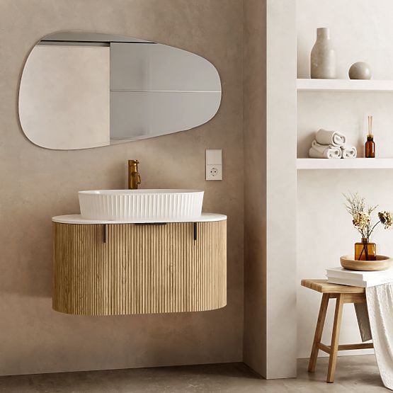Ensemble armoire avec plateau et lavabo La simplicite 80 cm, rainuré, arrondi, Glit White/chêne