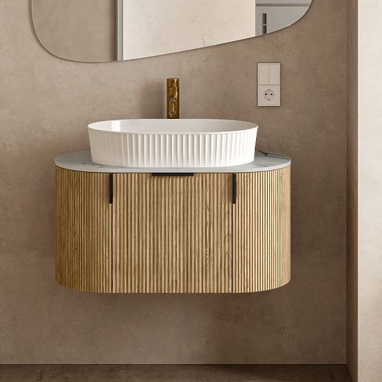 Ensemble armoire avec plateau et lavabo La simplicite 80 cm, rainuré, arrondi, Glit White/chêne