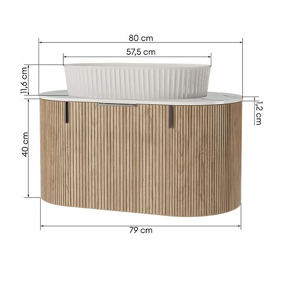 Ensemble armoire avec plateau et lavabo La simplicite 80 cm, rainuré, arrondi, Glit White/chêne