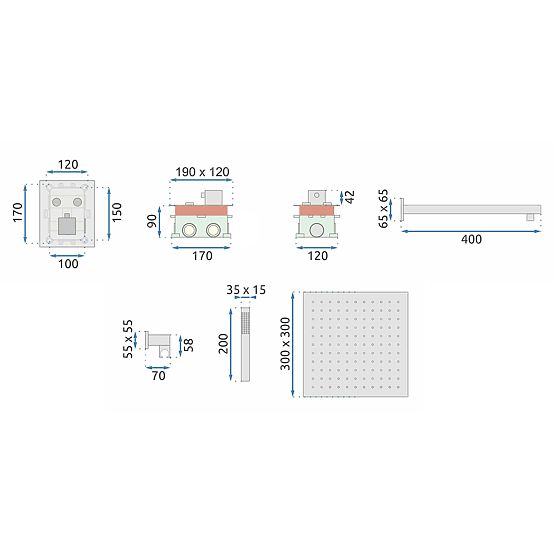 Ensemble de douche encastré avec thermostat FENIX DAVIS Or + BOX