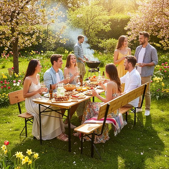 Ensemble de jardin acier-bois PORTER table 170 cm + 2 bancs