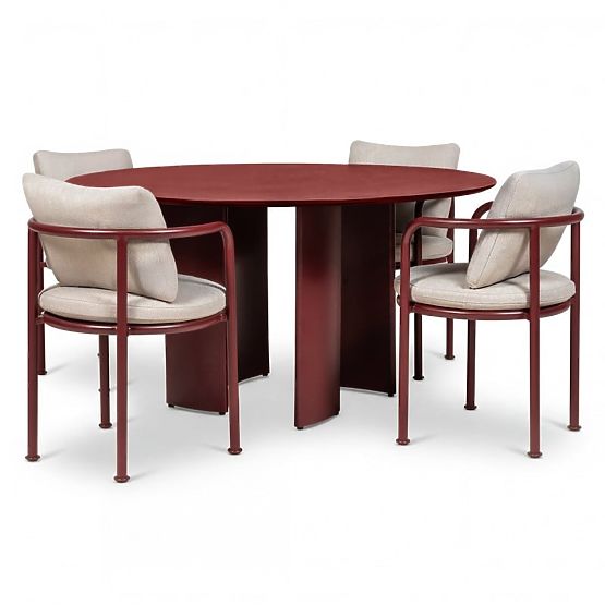 Ensemble de jardin Amarello, table ronde 140 cm + 4 chaises, aluminium, brun bordeaux